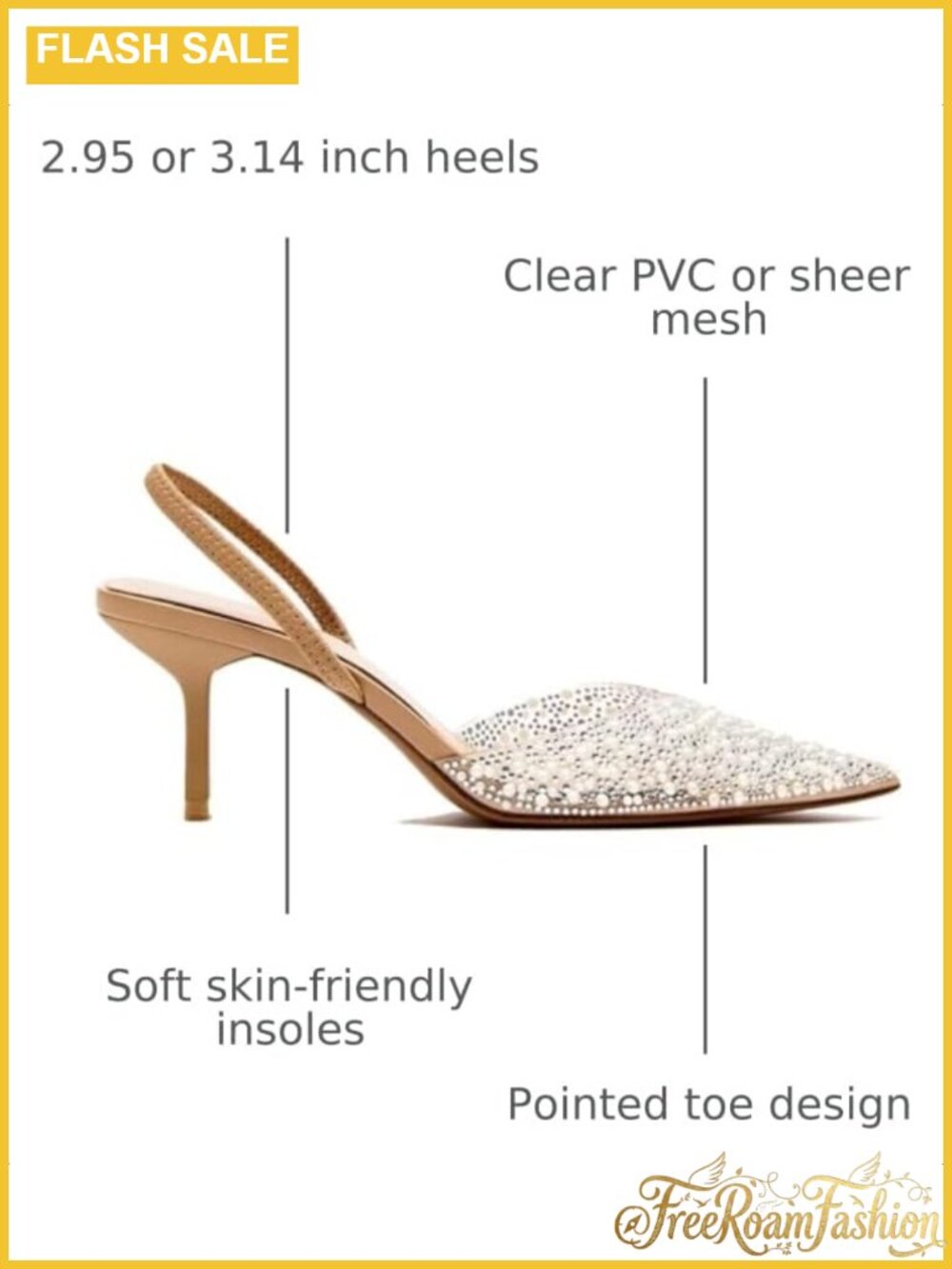 Kitten Heels Pointed Toe Mesh Rhinestone Heeled Sandals Clear PVC Stiletto Mid - Picture 2 of 6